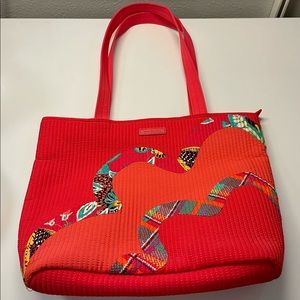 Vera Bradley Retired Coral/Red Tote With Floral and Plaid Accents.